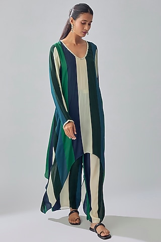 Multi-Colored Crepe Striped Printed Tunic Set by Sva By Sonam & Paras Modi