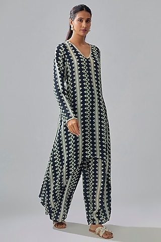 Blue Crepe Striped Printed Tunic Set by Sva By Sonam & Paras Modi