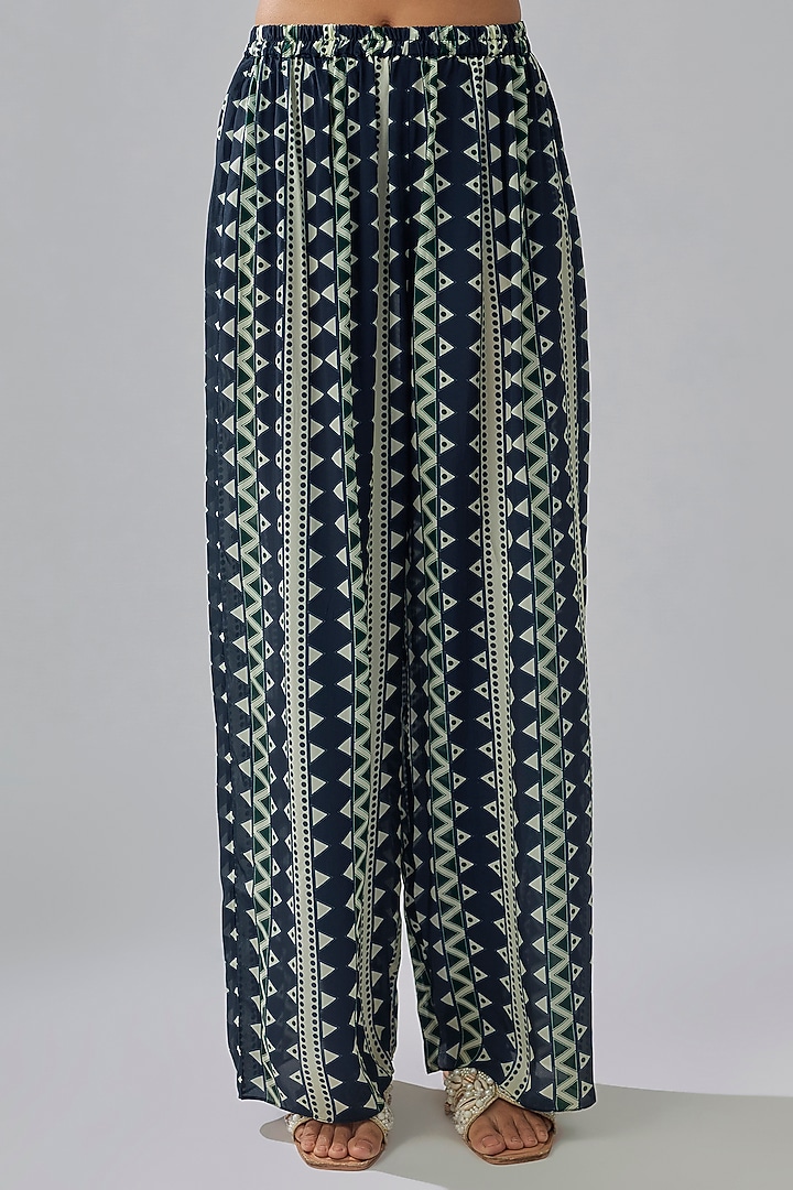 Blue Crepe Striped Printed Tunic Set by Sva By Sonam & Paras Modi at Pernia's Pop Up Shop