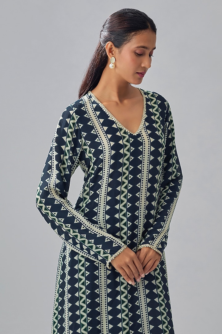 Blue Crepe Striped Printed Tunic Set by Sva By Sonam & Paras Modi at Pernia's Pop Up Shop