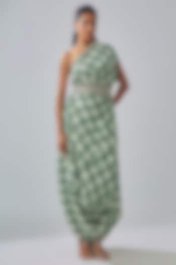 Emerald Crepe Printed One-Shoulder Draped Cocktail Dress by Sva By Sonam & Paras Modi at Pernia's Pop Up Shop
