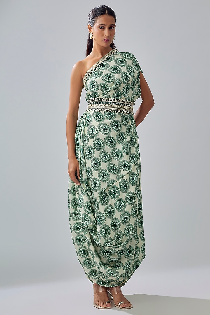 Emerald Crepe Printed One-Shoulder Draped Cocktail Dress by Sva By Sonam & Paras Modi at Pernia's Pop Up Shop