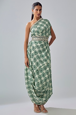 Emerald Crepe Printed One-Shoulder Draped Dress by Sva By Sonam & Paras Modi