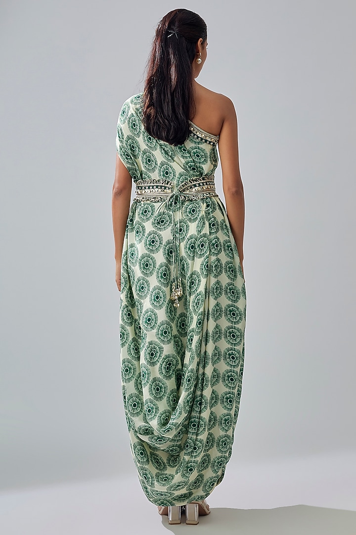 Emerald Crepe Printed One-Shoulder Draped Cocktail Dress by Sva By Sonam & Paras Modi at Pernia's Pop Up Shop
