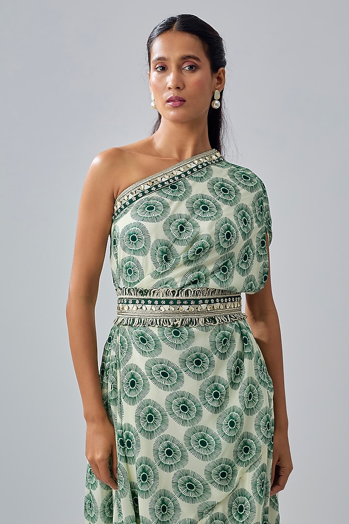 Emerald Crepe Printed One-Shoulder Draped Cocktail Dress by Sva By Sonam & Paras Modi at Pernia's Pop Up Shop