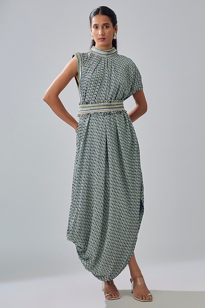 Blue Crepe Printed Cowl Cocktail Dress by Sva By Sonam & Paras Modi at Pernia's Pop Up Shop