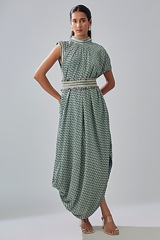 Blue Crepe Printed Cowl Dress by Sva By Sonam & Paras Modi