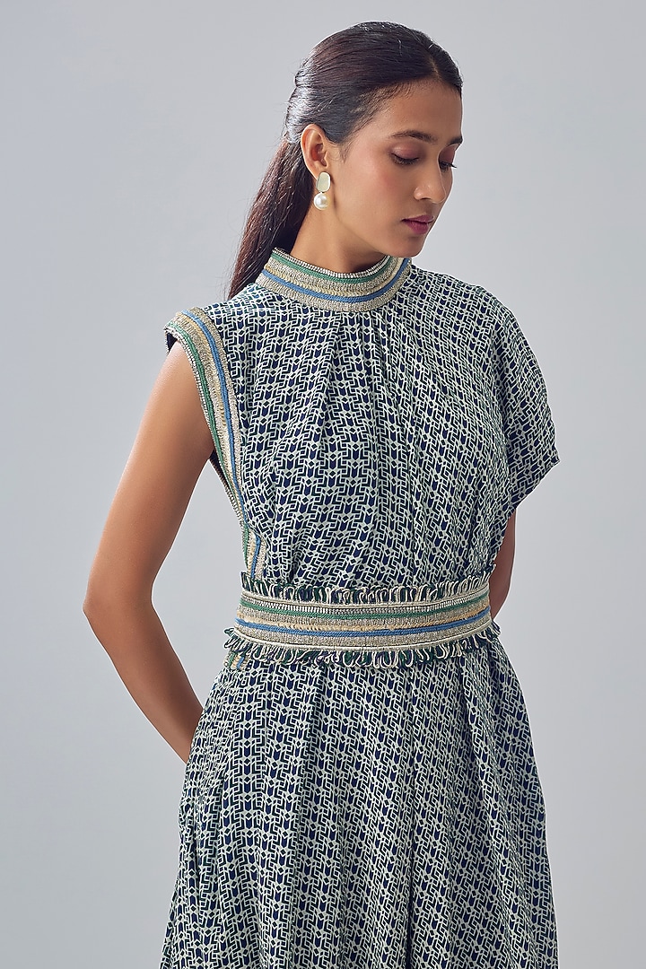 Blue Crepe Printed Cowl Cocktail Dress by Sva By Sonam & Paras Modi at Pernia's Pop Up Shop