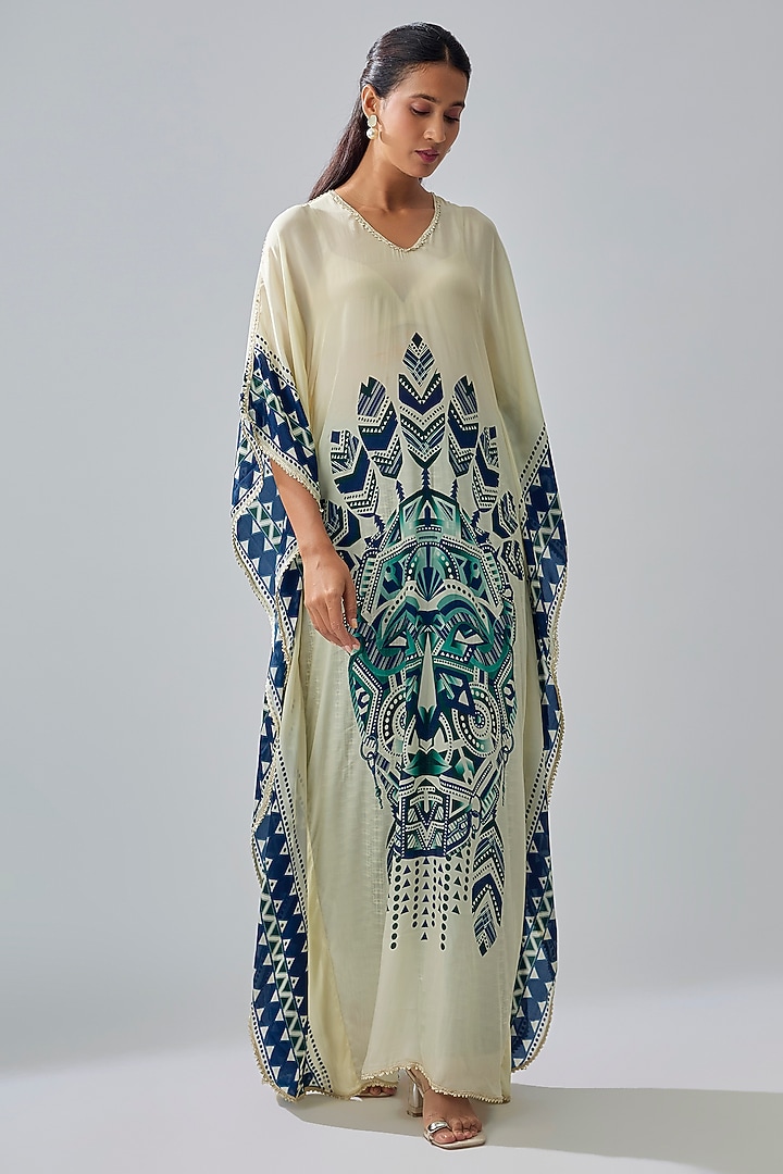 Ivory Crepe Printed Kaftan Set by Sva By Sonam & Paras Modi at Pernia's Pop Up Shop
