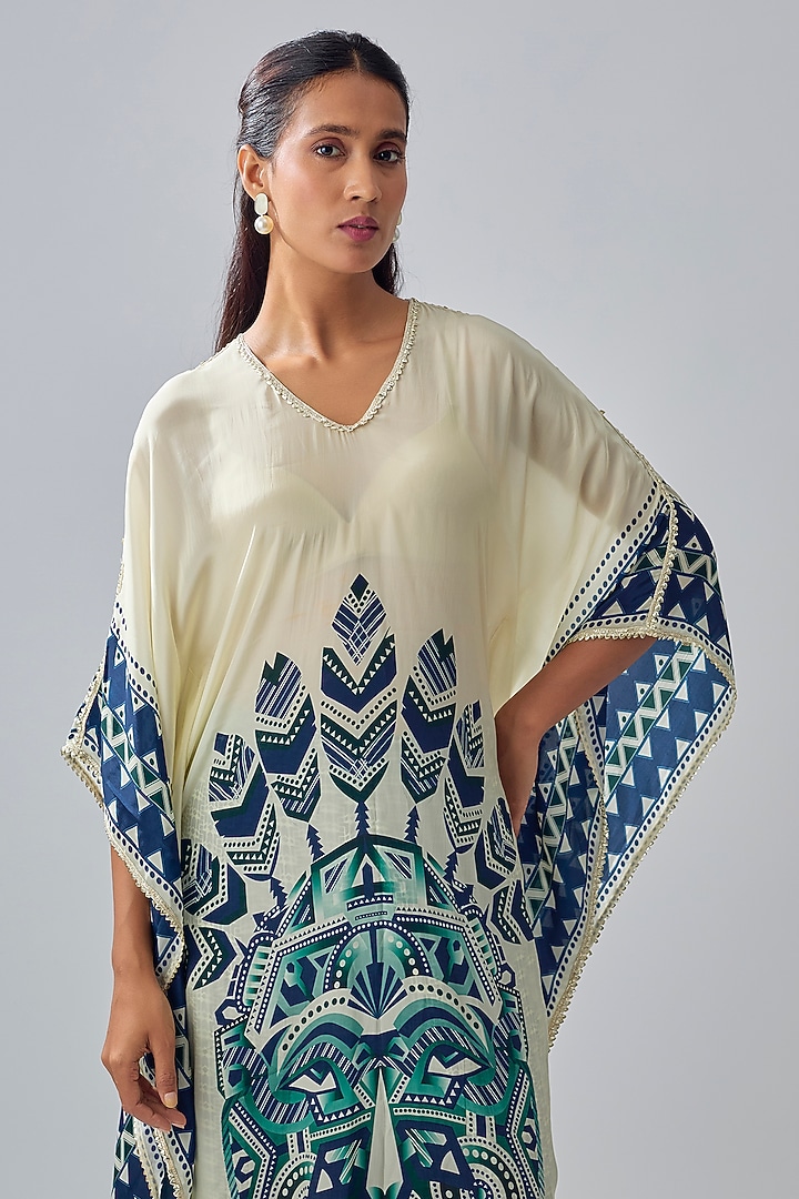 Ivory Crepe Printed Kaftan Set by Sva By Sonam & Paras Modi at Pernia's Pop Up Shop