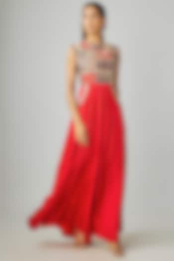 Red Crepe Patchwork Jumpsuit by Sva By Sonam & Paras Modi at Pernia's Pop Up Shop