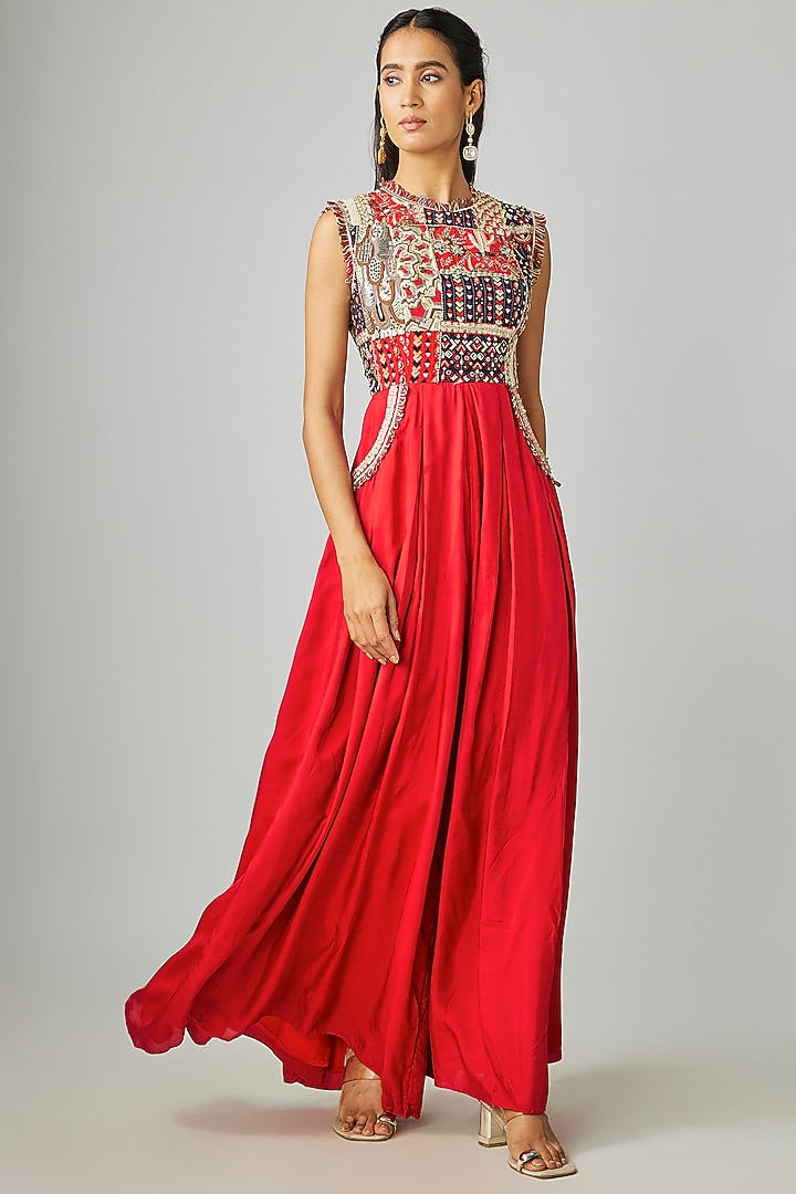 Red Crepe Patchwork Jumpsuit by Sva By Sonam & Paras Modi at Pernia's Pop Up Shop