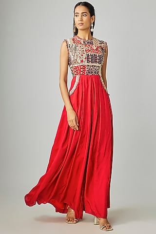 Red Crepe Patchwork Jumpsuit by Sva By Sonam & Paras Modi