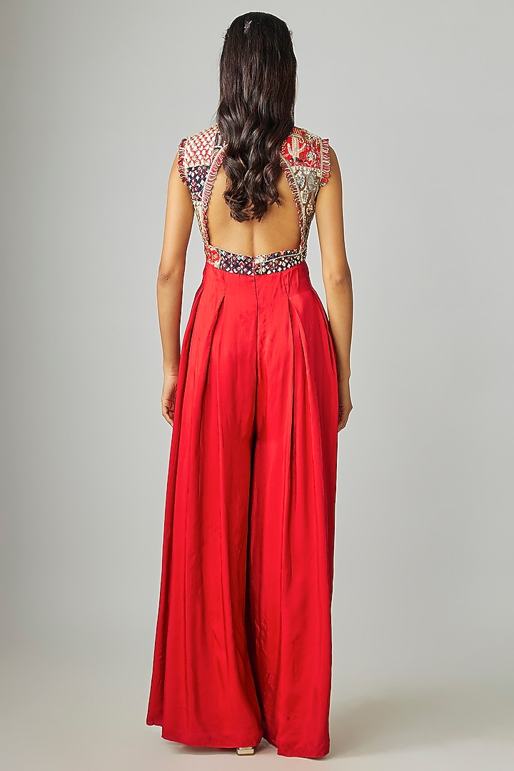 Red Crepe Patchwork Jumpsuit by Sva By Sonam & Paras Modi at Pernia's Pop Up Shop