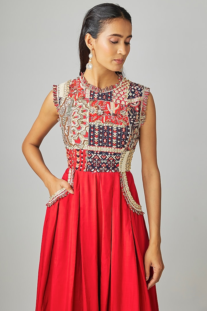Red Crepe Patchwork Jumpsuit by Sva By Sonam & Paras Modi at Pernia's Pop Up Shop