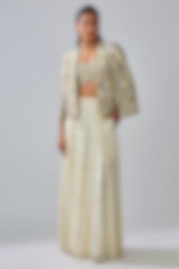 Ivory Crepe Embellished Cape Set by Sva By Sonam & Paras Modi at Pernia's Pop Up Shop