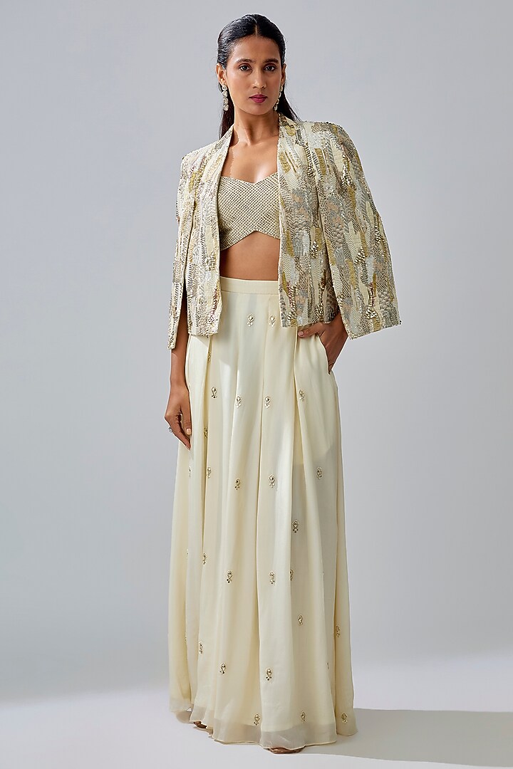 Ivory Crepe Embellished Cape Set by Sva By Sonam & Paras Modi at Pernia's Pop Up Shop