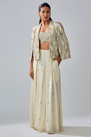 Ivory Crepe Embellished Cape Set by Sva By Sonam & Paras Modi