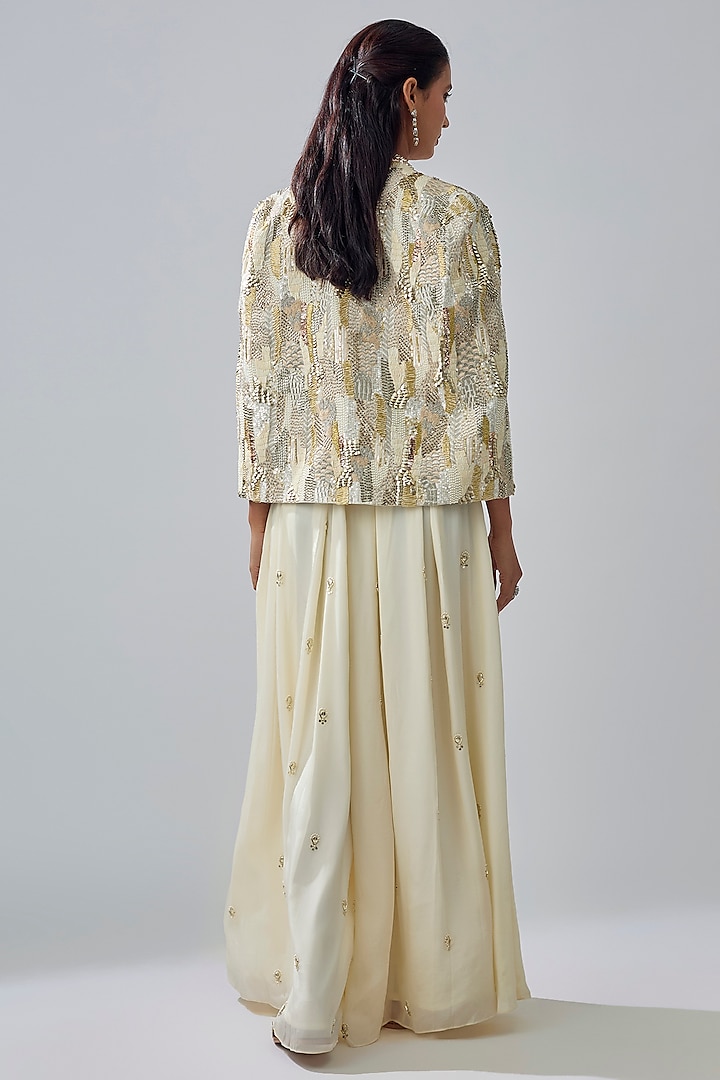 Ivory Crepe Embellished Cape Set by Sva By Sonam & Paras Modi at Pernia's Pop Up Shop