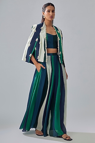 Multi-Colored Crepe Striped Printed Cape Set by Sva By Sonam & Paras Modi