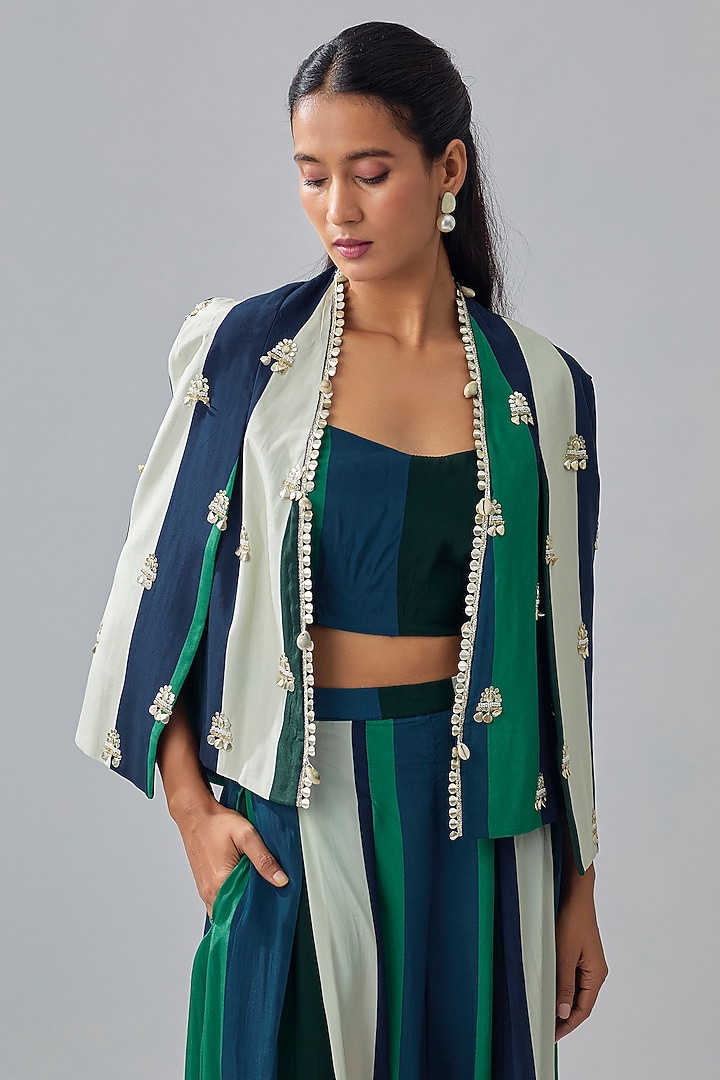 Multi-Colored Crepe Striped Printed Cape Set by Sva By Sonam & Paras Modi at Pernia's Pop Up Shop