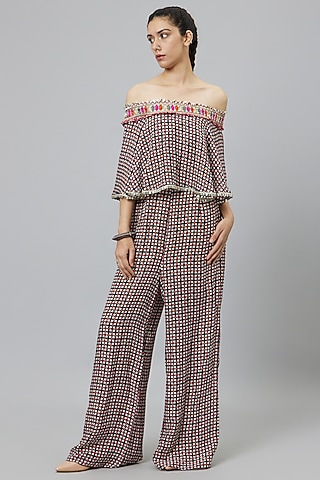 Black Linen Geometric Printed Jumpsuit by SVA BY SONAM & PARAS MODI