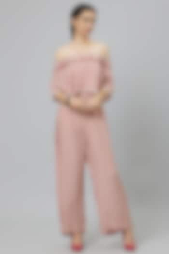 Pink Linen Geometric Printed Jumpsuit by SVA BY SONAM & PARAS MODI