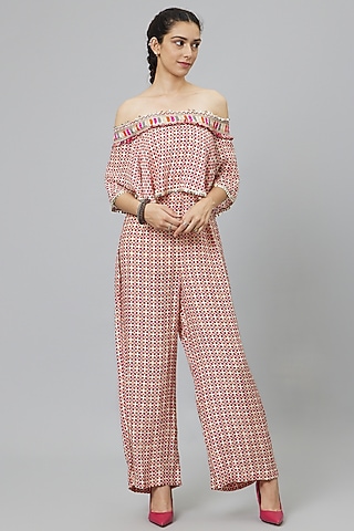Pink Linen Geometric Printed Jumpsuit by SVA BY SONAM & PARAS MODI