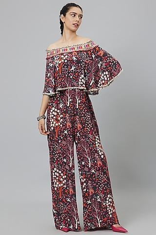 Grey Linen Geometric Printed Jumpsuit by SVA BY SONAM & PARAS MODI