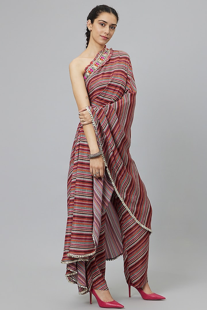 Multi-Colored Crepe Striped Printed Draped Pant Saree Set by SVA BY SONAM & PARAS MODI