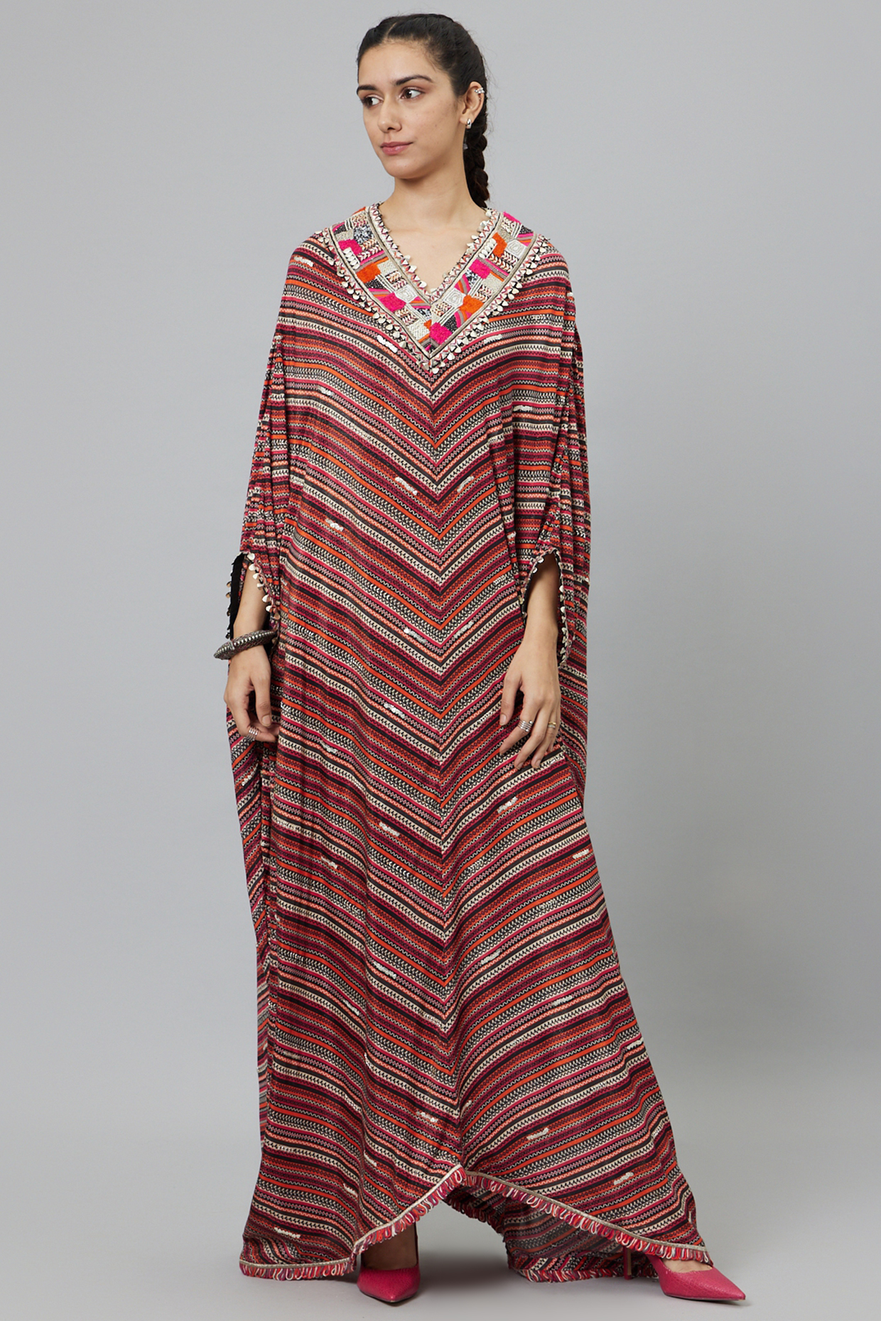 Multi-Colored Shimmer Crepe Printed Kaftan by SVA BY SONAM & PARAS MODI at Pernia's Pop Up Shop