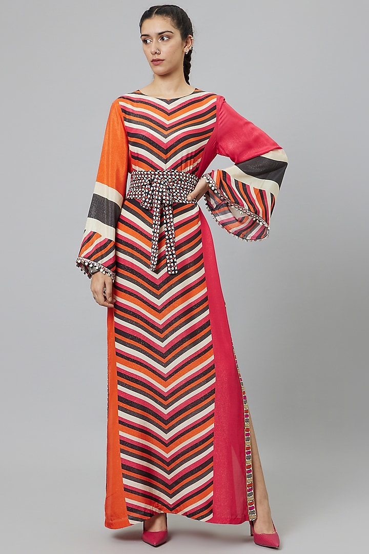 Multi-Colored Shimmer Crepe Printed Dress With Belt by SVA BY SONAM & PARAS MODI