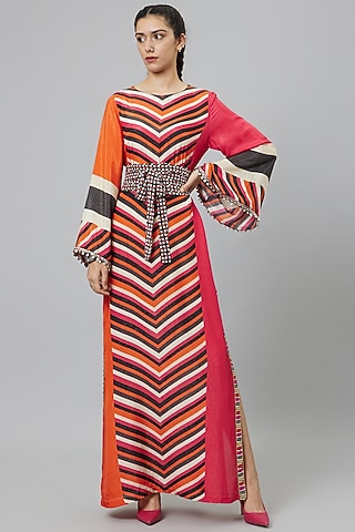 Multi-Colored Shimmer Crepe Printed Dress With Belt by SVA BY SONAM & PARAS MODI