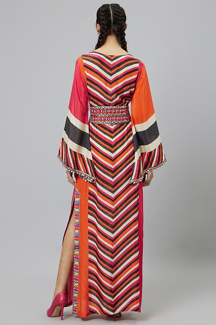 Multi-Colored Shimmer Crepe Printed Cocktail Dress With Belt by SVA BY SONAM & PARAS MODI at Pernia's Pop Up Shop