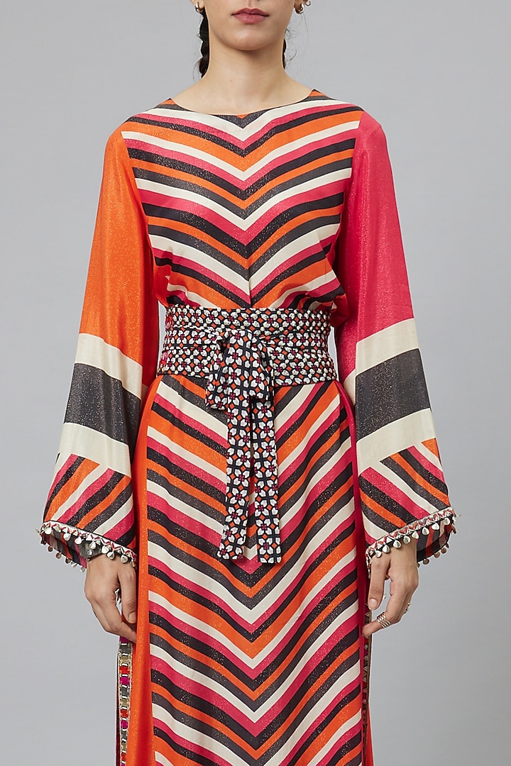 Multi-Colored Shimmer Crepe Printed Cocktail Dress With Belt by SVA BY SONAM & PARAS MODI at Pernia's Pop Up Shop