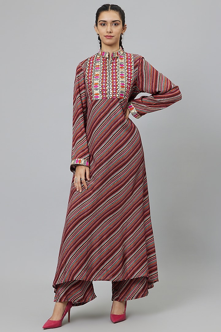 Multi-Colored Shimmer Crepe Printed & Embroidered Kurta Set by SVA BY SONAM & PARAS MODI