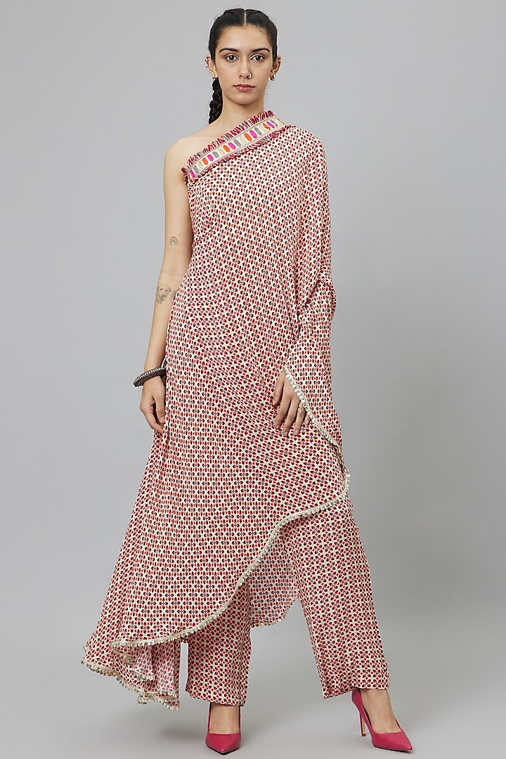 Pink Crepe Geometric Printed Draped Pant Saree Set by SVA BY SONAM & PARAS MODI