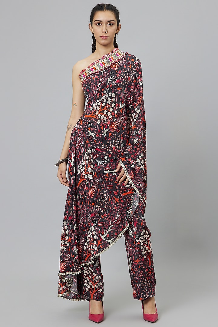 Grey Crepe Printed Draped Pant Saree Set by SVA BY SONAM & PARAS MODI