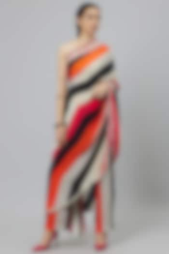 Multi-Colored Crepe Striped Printed Draped Pant Saree Set by SVA BY SONAM & PARAS MODI