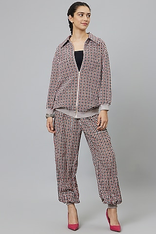 Black Crepe Printed Bomber Jacket Set by SVA BY SONAM & PARAS MODI