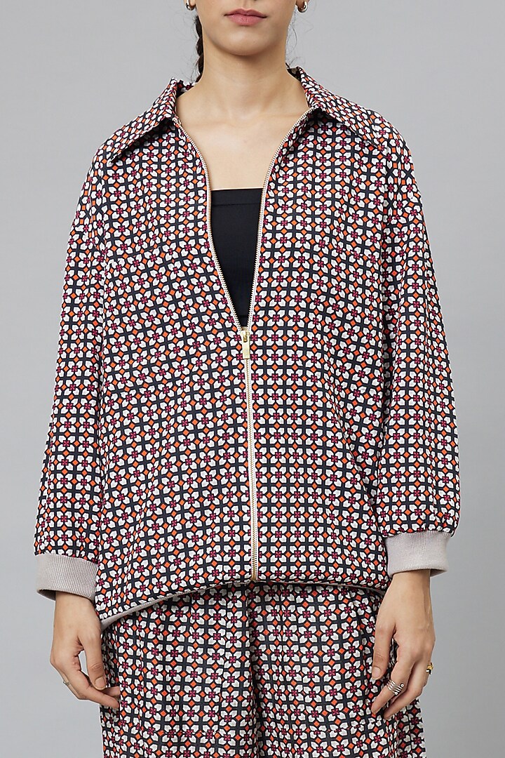 Black Crepe Printed Bomber Jacket Set by SVA BY SONAM & PARAS MODI at Pernia's Pop Up Shop