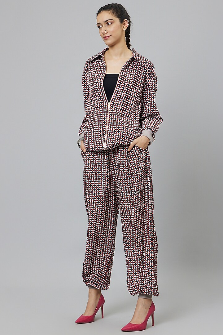 Black Crepe Printed Bomber Jacket Set by SVA BY SONAM & PARAS MODI at Pernia's Pop Up Shop