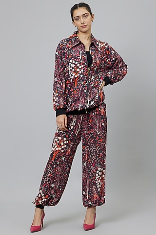 Multi-Colored Crepe Printed Bomber Jacket Set by SVA BY SONAM & PARAS MODI