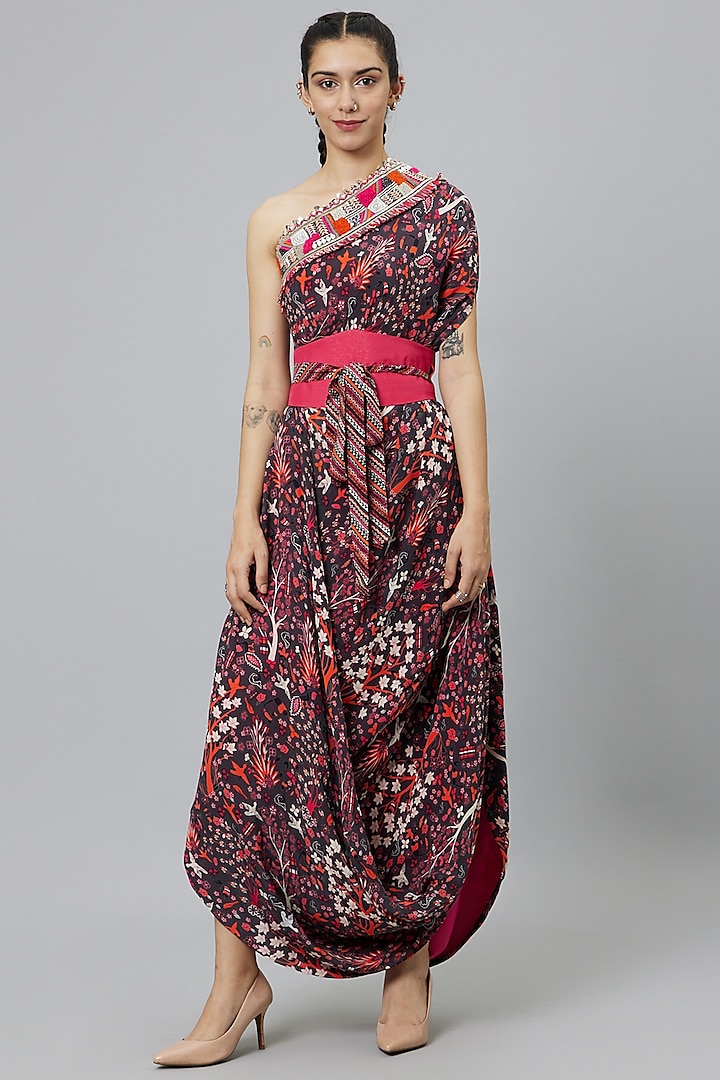 Multi-Colored Crepe Printed One Shoulder Cowl Dress by SVA BY SONAM & PARAS MODI at Pernia's Pop Up Shop