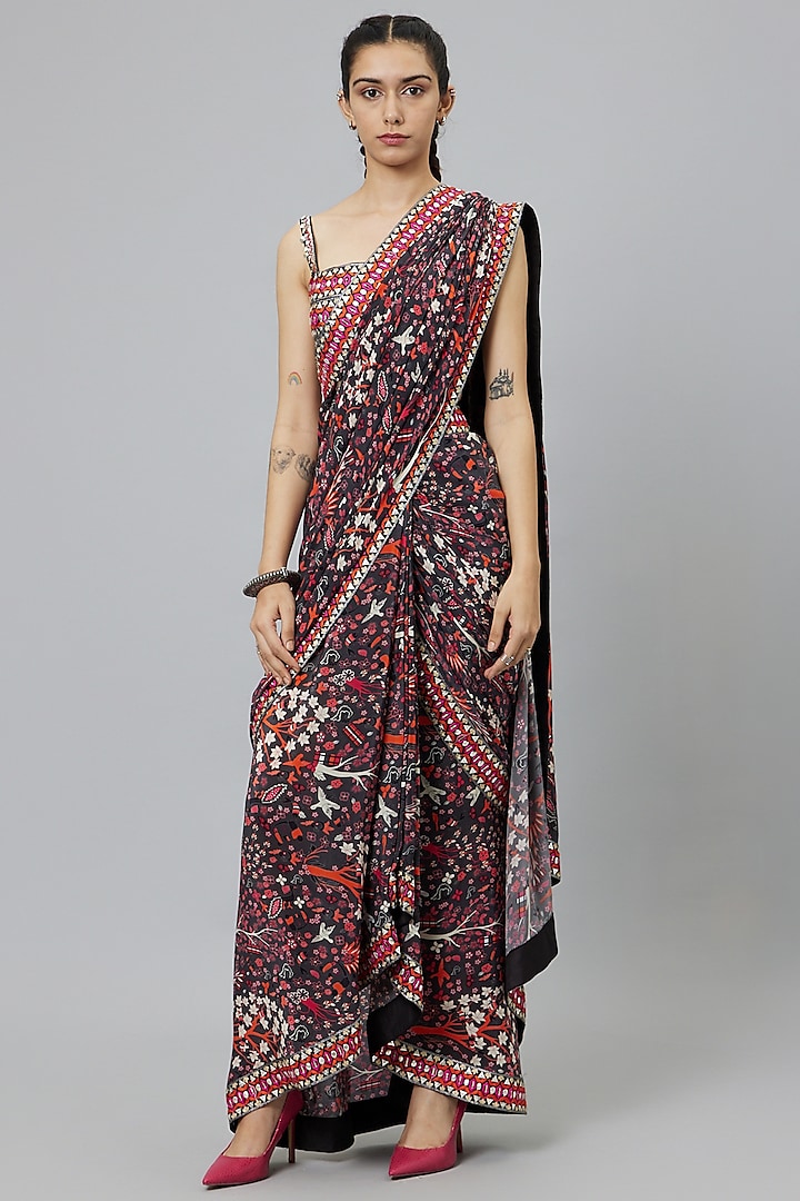 Multi-Colored Crepe Printed Cascase Saree Set by SVA BY SONAM & PARAS MODI