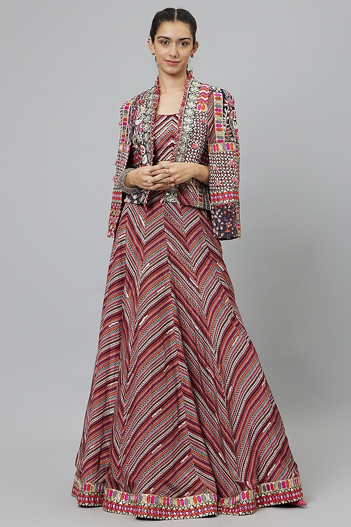 Multi-Colored Crepe Printed Jacket Wedding Lehenga Set by SVA BY SONAM & PARAS MODI at Pernia's Pop Up Shop