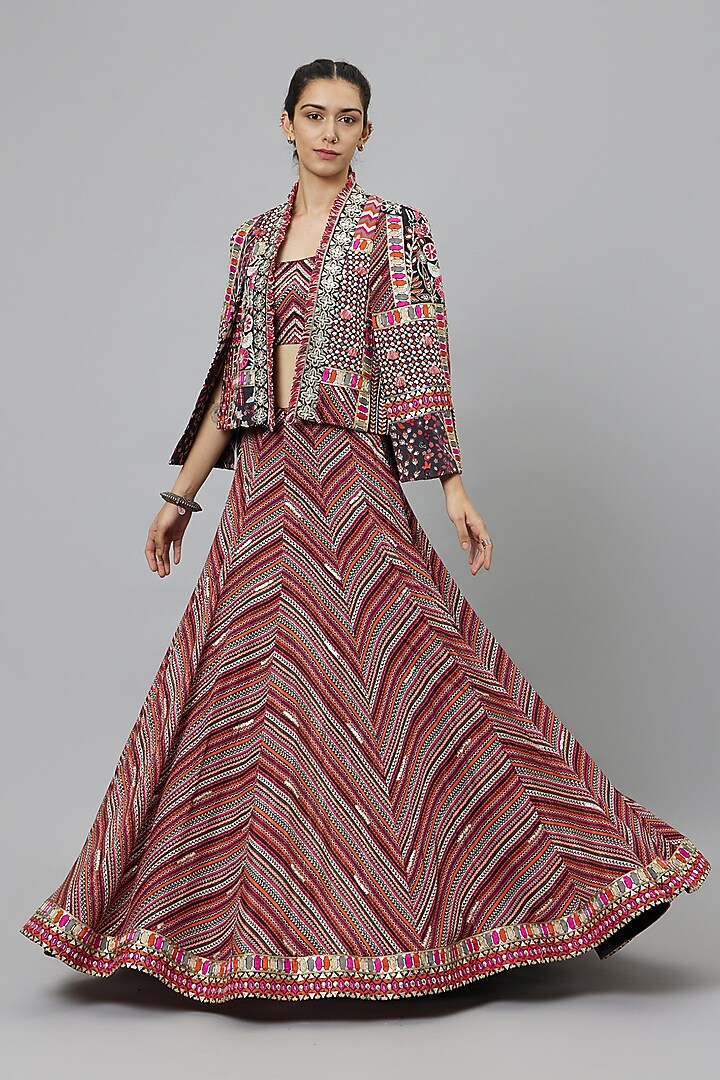 Multi-Colored Crepe Printed Jacket Wedding Lehenga Set by SVA BY SONAM & PARAS MODI at Pernia's Pop Up Shop