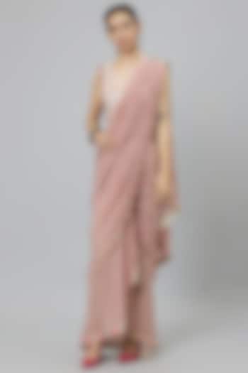 Ivory & Pink Crepe Printed Pre-Stitched Saree Set by SVA BY SONAM & PARAS MODI