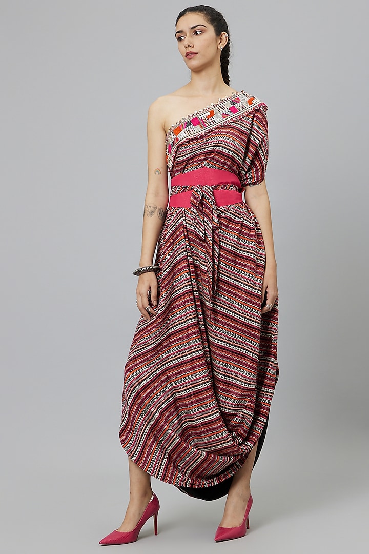 Multi-Colored Crepe Printed One Shoulder Cowl Dress by SVA BY SONAM & PARAS MODI