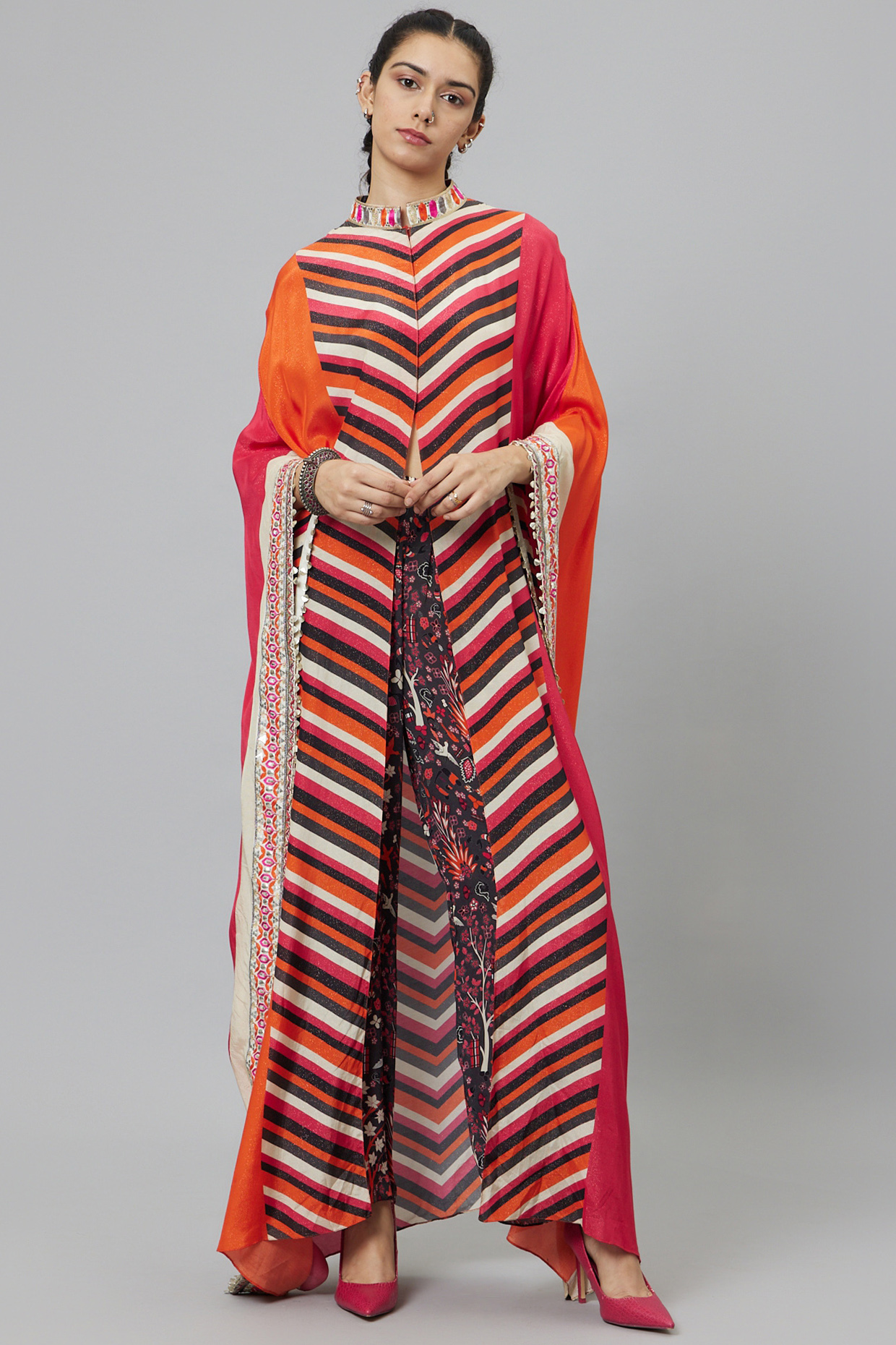 Multi-Colored Shimmer Crepe Printed Kaftan Set by SVA BY SONAM & PARAS MODI at Pernia's Pop Up Shop